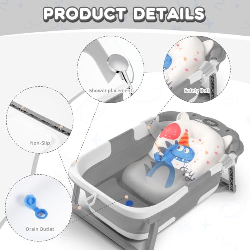 Image of Baby Bathtub Collapsible with Thermometer & Cushion, Portable Travel Tub