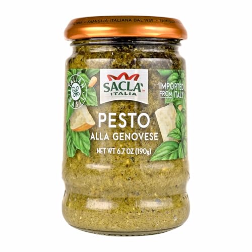 Sacla Basil Pesto alla Genovese 6.7oz Glass Jar | Imported from Italy | Italian Pesto Sauce made from Italian Basil, Parmigiano Reggiano and Olive Oil | No Preservatives