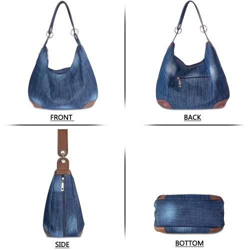 Image of Denim Handbags for Women Jean Purse with Multiple Pockets Denim Blue Pocketbooks Tote Hobos Crossbody Bags