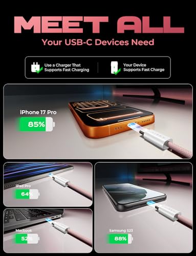 Image of LISEN USB C to USB C Cable, 5-Pack [3.3 /3.3 /6.6 /6.6 /10FT] Pink for iPhone 17 Charger Cord, 60W C to C Cable Fast Charging for iPad, iPhone 17 Air 16 15 Pro Max, Samsung Z Flip 7 /S25 /S24