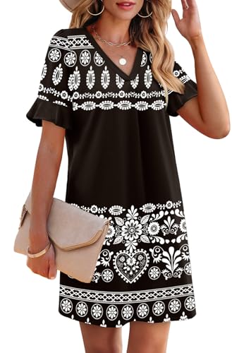 Image of OFEEFAN Summer Dresses for Women Ruffle Short Sleeve V Neck Casual Shift Dress with Pockets