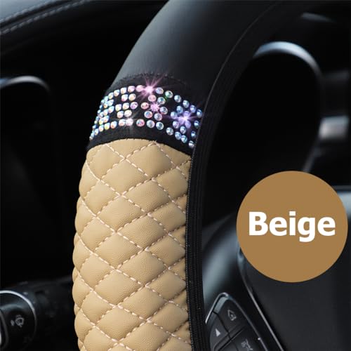 Image of Osilly Bling Car Steering Wheel Cover, 15 Inch Rhinestones Soft Leather Elastic Steering Wheel Protector, Sparkly Crystal Diamond for Women Girls (Beige)