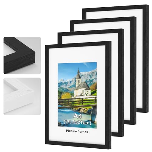 4Pack A4 Picture Frame Black Wooden Picture Frames 29.7x21cm Photo Frame with Perspex Glass With Stand and Wall Mountable Horizontal or Vertical Wall Mounting Bedroom and Living Room Decoration