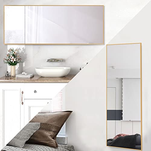 Image of NeuType 43 inchx16 inch Full Length Mirror with Standing Holder Aluminum Alloy Frame Floor Mirror Wall-Mounted Mirror for Living Room, Bedroom, Hanging or Leaning Against Wall, Golden (with Stand)