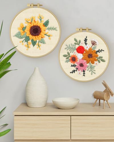 Image of ERKOON Punch Needle Kit Adults Beginners, 2 Pcs DIY Easy Flower Embroidery Set for Starter Art Craft, Needling Punching Project with Patterns, Tools, Yarns, Hoop, Instruction (Colorful Flowers)