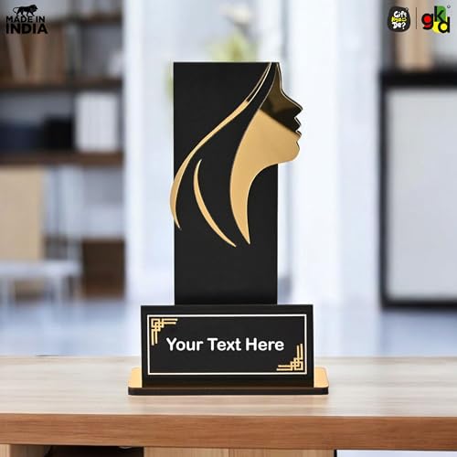 Image of GKD Personalized Black Acrylic Women's Trophy - Printed Custom Name & Message | Female Achievement Award, Corporate Recognition, Leadership Gift