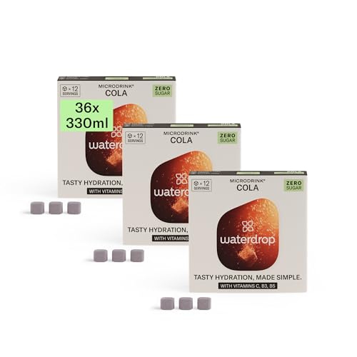waterdrop® Microdrink COLA, 36 Pastillas, Sabores Para Agua, Sin Azúcar, Sin Cafeína, Refresco Instantaneo, Cola baja en calorías y con vitaminas, Polvo de Hidratación, Para Botella