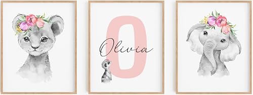 Personalized Safari Nursery Wall Art Set – Custom Name Jungle