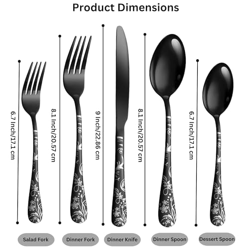 Image of aDai Matte Black Silverware Set | Satin Finish 15-Piece Flatware Set with Unique Floral Printed Handle | Dishwasher Safe Stainless Steel Cutlery for Home, Restaurant & Gifting