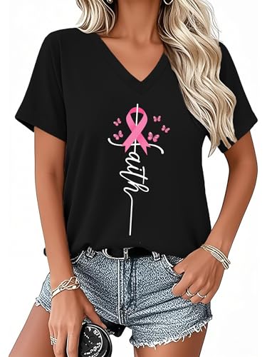 PECHAR Breast Cancer Shirts for Women: Pink Ribbon Breast Cancer Awareness T-Shirts Faith Inspirational Vneck Blouse Tops