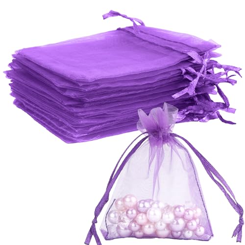 Image of BOEIAC Organza Bags, Sheer Organza Bag, 50Pcs,Small Organza Bags with Drawstring 3 x 4 inch, Jewelry Gift Bags, Mesh Party Wedding Favor Bags Mini Candy Bags for Christmas Party, Dark Purple