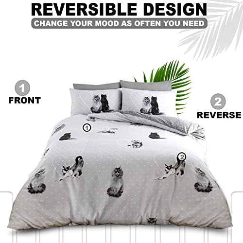 Lions Cat Print Bedding - 3 Piece Double Bed Duvet Cover Set with Pillowcase, Cute Animal Print Quilt Covers, Soft Reversible Hearts Printed Sets for Girls Boys Kids, Grey Silver, 200x200cm