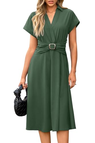 Newshows Women Button Down Tailored Fitted Shift Dress Free Wrinkle Wear to Work Business Casual Outfits Midi Office Clothes(Army Green,L)