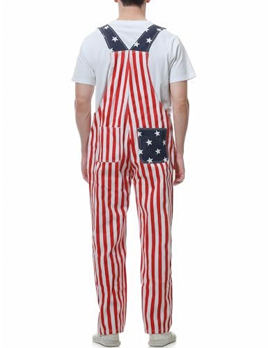 Bindefon American Flag Overalls for Men Women 4th of July Patriotic Jumpsuits Red White Blue Stripes Coveralls with Pockets2