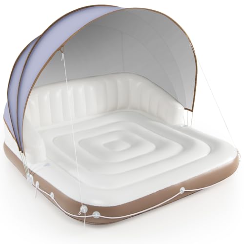Image of S AFSTAR Pool Float with Canopy, Inflatable Floating Island 2 Person with UPF50+ Detachable Sunshade, 2 Cup Holders, Max Load 440 Lbs, 71 inch x 71 inch Heavy Duty Pool Lounger Floats Adult for Lake, Beach