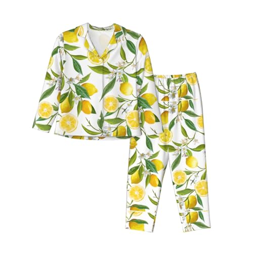 Pyjama à manches longues imprimé citrons avec pantalon à taille élastique pour femme