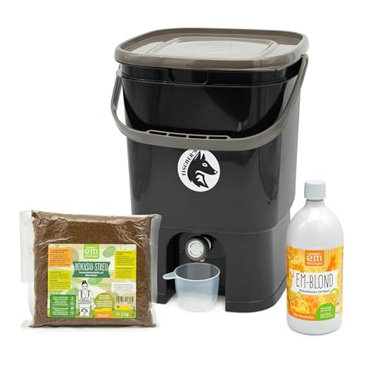 FairFox Bokashi Starter-Set Profi schwarz I Eimer Komposter 19 L (100% recycelter Kunststoff) & 1 kg Effektive Mikroorganismen Ferment I Biomüll zu Kompost-Dünger - kein Gestank, kein Schimmel