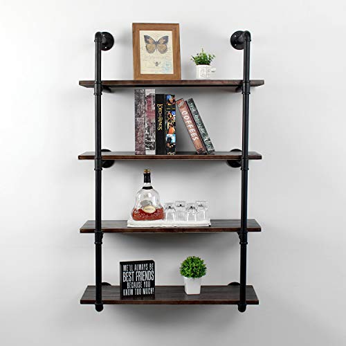 Weven 30" Industrial Pipe Bookshelf Wall Mounted,4 Tier Rustic Floating Shelves,Farmhouse Kitchen Bar Shelving,Home Decor Book Shelves,Diy Bookcase,Hanging Wall Shelves,Black #TOP2