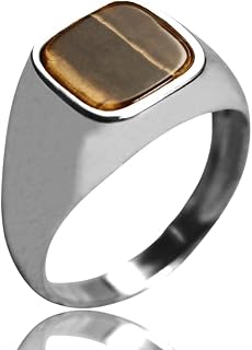 Mens Cushion Gemstone Ring, 925 Sterling Silver Signet Style with Black Onyx, Carnelian, Tigers Eye, or Green Agate, Cushion Cut Natural Stone Wedding Band Birthstone Gift