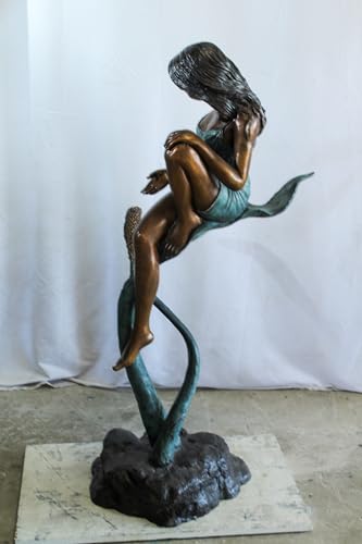 Estatua de bronce niña sentada en vid con pájaro 26x24x53 in miniatura 7