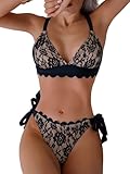 WODECASA Women's V Neck Triangle Bikini Sets Scalloped Trim Lace Two Piece Swimsuit Tie Side High Cut Thong Bathing Suit