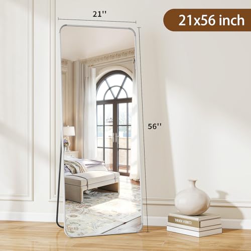 Image of BEAUTYPEAK Silver Full Length Mirror, 56 inchx21 inch Rounded Corner Floor Mirror Standing Hanging or Leaning Against Wall, Suitable for Bedroom or Dressing Room