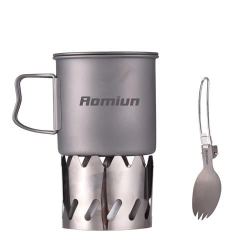 Aomiun Titanium Camping Cookware Cup/Burner Combination 500ml Titanium Cup with Foldable Handle & Lid Spork Spoon Alcohol Stove Windscreen, Camping Cooking Stove and Cup Set for Backpacking