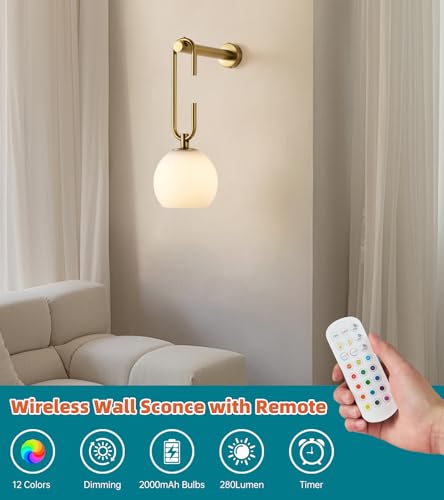 Image of Glass Globe Wall Sconces Set of 2, Battery Operated Wall Light with Remote, Indoor Wireless Dimmable 12RGB Colors Light Bulbs for Bedroom Living Room Hallway(Brass)