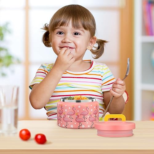 Image of PIQUEBAR 8oz Kids Thermo for Hot Food,Small Lunch Thermo Food Container Stainless Steel,Easy Open Wide Mouth Thermo for Hot Cold Food for Preschool Travel (Pink Flamingos)