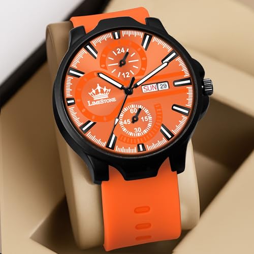 Image of LIMESTONE Men's Analog Quartz Watch with Day & Date Display, Leather /Silicone Strap - Casual & Formal Wrist Watch for Men