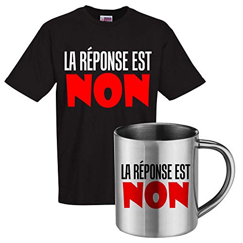 Tee shirt noir La réponse est Non et mug inox pour des matins calmes au bureau