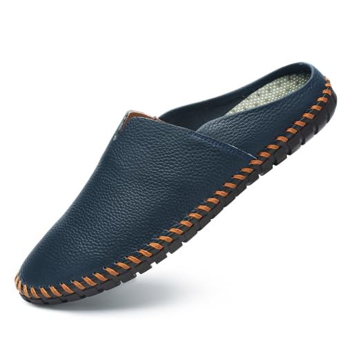 Image of Men's Slip-On Loafers Mules Clog Handmade Leather Slippers Hand Stitched no-Heel Casual Shoes for Men Breathable Comfortable Soft