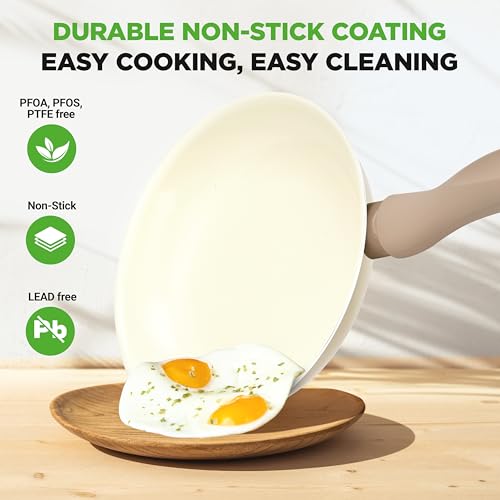 NutriChef Pots and Pans Set, Nonstick Cookware 75-Piece, Ceramic Pan Collection with Bakeware, Knife Kit, Food-Grade Safe, Stain-Resistant, Cream/Brown, Oven Safe to 190°C