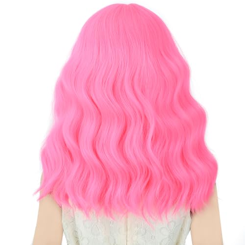 Image of Neon Pink Wig Short Pink Wavy Curly Wigs Wig with Air Bangs Synthetic Cosplay Hair Wigs