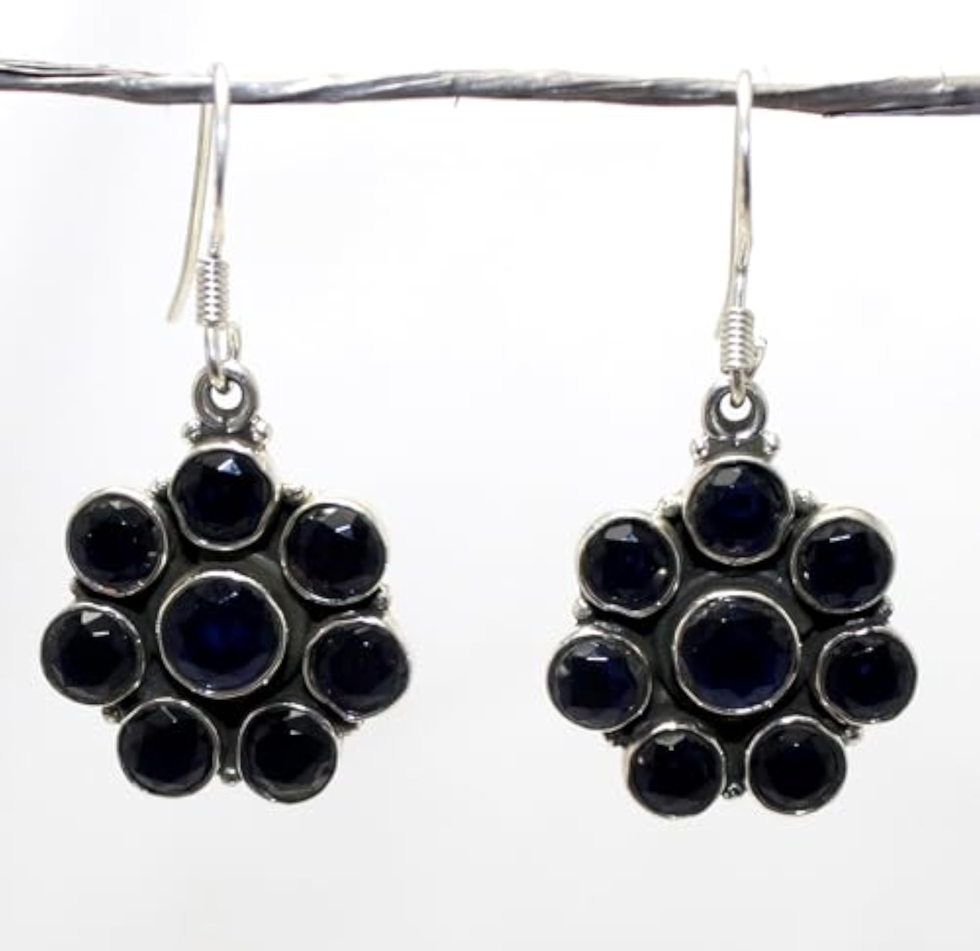 Women's Handmade 925 Sterling Silver Dangle Earrings with Blue Onyx