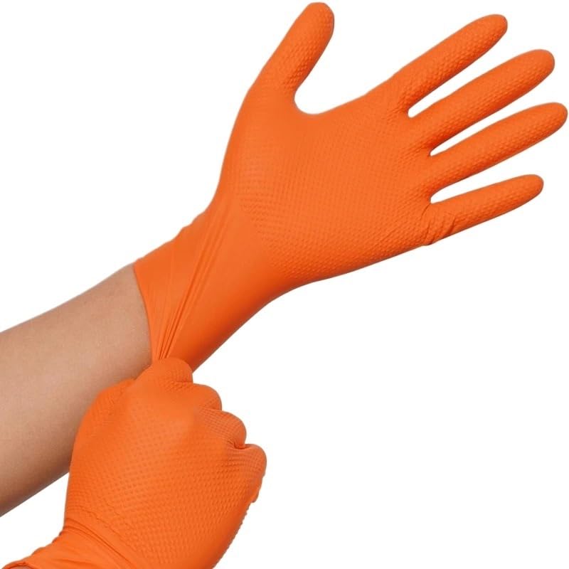 Guantes industriales desechables de nitrilo naranja 8 milésimas grosor con textura diamante, resistentes, for tatuajes, seguridad mecánica, 50/30 unidades(Diamond Black 50PCS,XL)