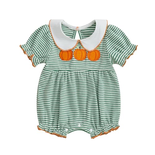 Newborn Baby Girl Halloween Outfit Pumpkin Embroidery Bubble Romper Waffle Striped Short Sleeve Bodysuit Clothes