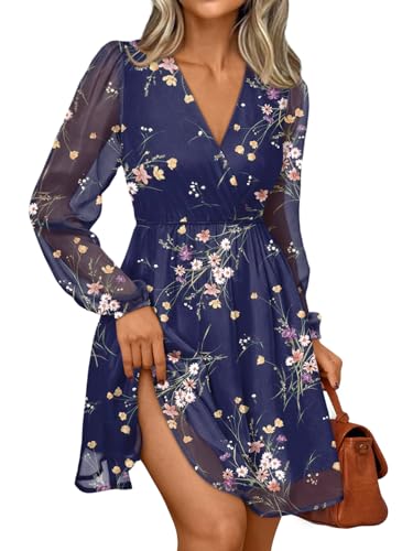 LILLUSORY Womens Long Sleeve Wedding Guest Dresses Casual Spring Fall Winter Fashion Outfits V Neck Mini Chiffon Cute Flowy Trendy Clothes 2026 Summer Dress Navy M
