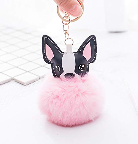 Preisvergleich Produktbild WYBL Flauschige Kaninchen Pelz Kugel Französisch Bulldogge Schlüsselanhänger Leder weiche Plüsch Spielzeug Tier Hund Schlüsselanhänger Halter Tasche Trinket rosa