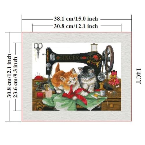 Image of Stamped Cross Stitch Kits Full Range of DIY Needlepoint for Adult Beginners Pattern, for Gift and Home Decor 14CT 2 Strands Kitten and Sewing Machine,15x12.2 inch