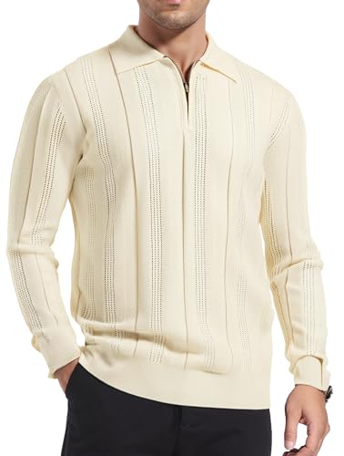 Esabel.C Mens Knit Polo Shirts Long Sleeve Quarter Zip Collar Textured Sweater Business Casual Golf Shirts