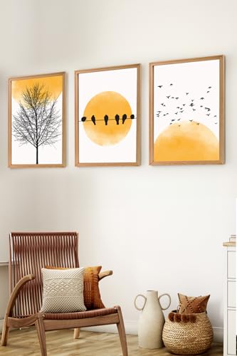Premium Ahşap Çerçeveli 3'lü Modern Iskandinav Bohem Tarz Dekoratif Ev Dekorasyonu Tablo Seti-Set7 Myk3007-2