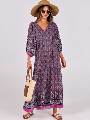 Image of ANRABESS Womens Boho Floral 3 /4 Puff Sleeve Maxi Dress