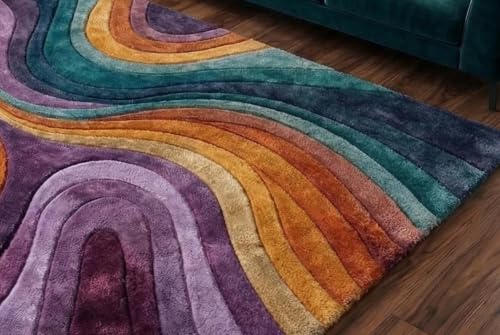 Image of Hand Tufted Premium Wool Multicolor Organic Curved Design, Carpet for Living Room, Bedroom, Office & Home Decor Size 12x18 Feet