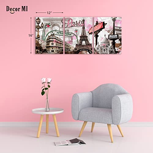 Decor Mi Paris Canvas Wall Art Pink Eiffel Tower Paris Decor For Bedroom Canvas Print Wall Art Girls Romantic French Cityscape Framed Print Oil Paintings Living Room Bathroom Kitchen 12X16Inch 3 Piece #TOP1