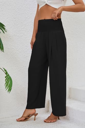 Womens High Waisted Flowy Palazzo Pants Casual Loose Wide Leg Long Lounge Capri Pants Trousers with Pocket (Black,L)4