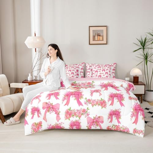 Image of Erosebridal Pink Floral Bowknot Bed in A Bag Twin 7 Piece Girly Bows Ribbons Comforter Set Valentine Flowers Bedding Sets for Kids Girls Bow Tie Princess Sheet Set with Comforter