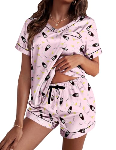 Image of Ekouaer Silk Pajama for Women Short Sleeve Satin Pj Set Two Piece Soft Sleepwear Loungewear S-XXL