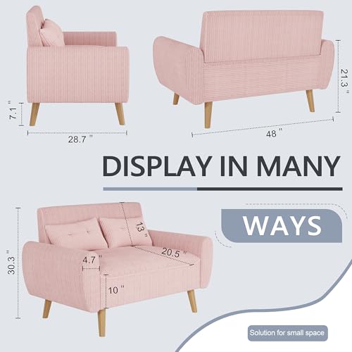 Image of Shintenchi 48'' Loveseat Sofa, Mid-Century Modern Upholstered Couch Deep Seat with 2 Pillows, 10 inch Thick Cushion with Spring, Solid Wood Frame Small Couch for Living Room, Bedroom, Dorms & Office, Pink