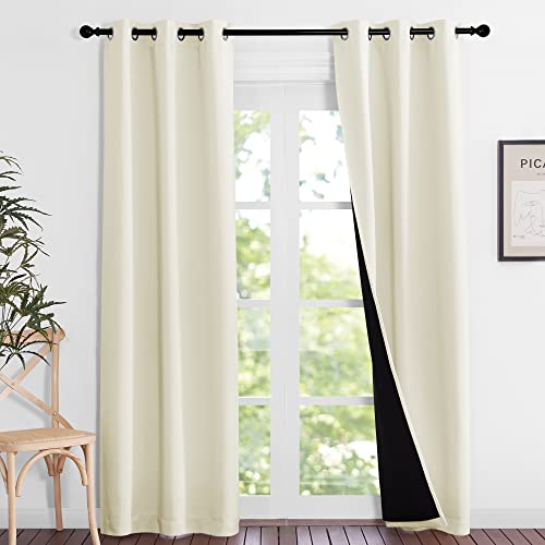 Image of NICETOWN Living Room Completely Shaded Draperies, Privacy Protection & Noise Reducing Ring Top Drapes, Black Lined Insulated Window Treatment Blackout Curtain Panels (Beige, 2 Pieces, W37 x L84)